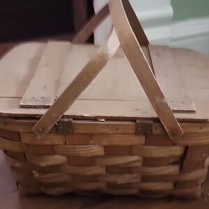 Vintage Picnic Basket Filled With Vintage Items Tablecloths Napkins